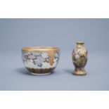 A Japanese Satsuma bowl with floral design and a narrative vase, Meiji, 19th C.