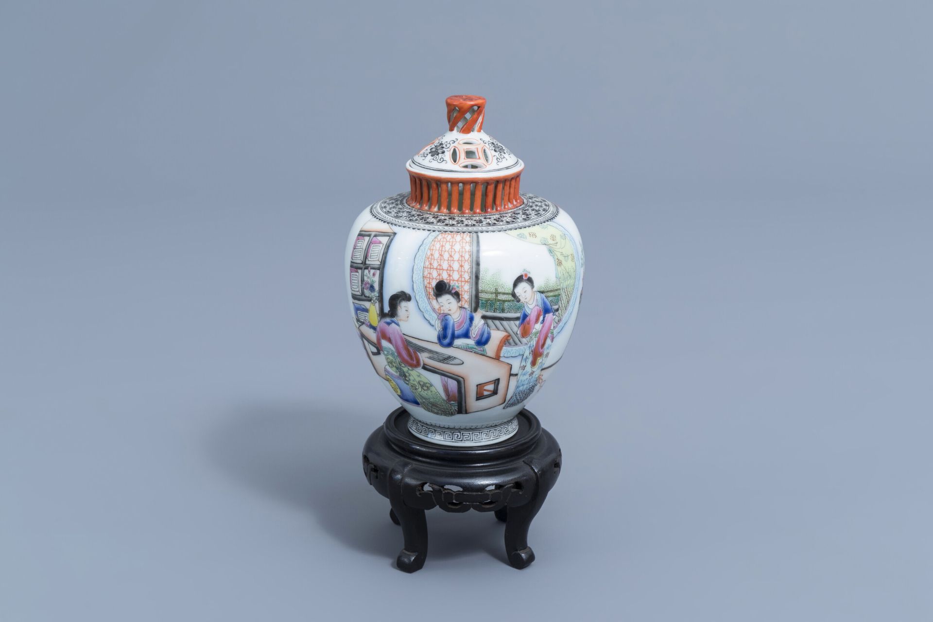 A Chinese famille rose vase and cover with ladies playing music, Qianlong mark, Republic, 20th C.