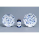 Two blue and white Brussels faience plates and a beer mug, 19th C.