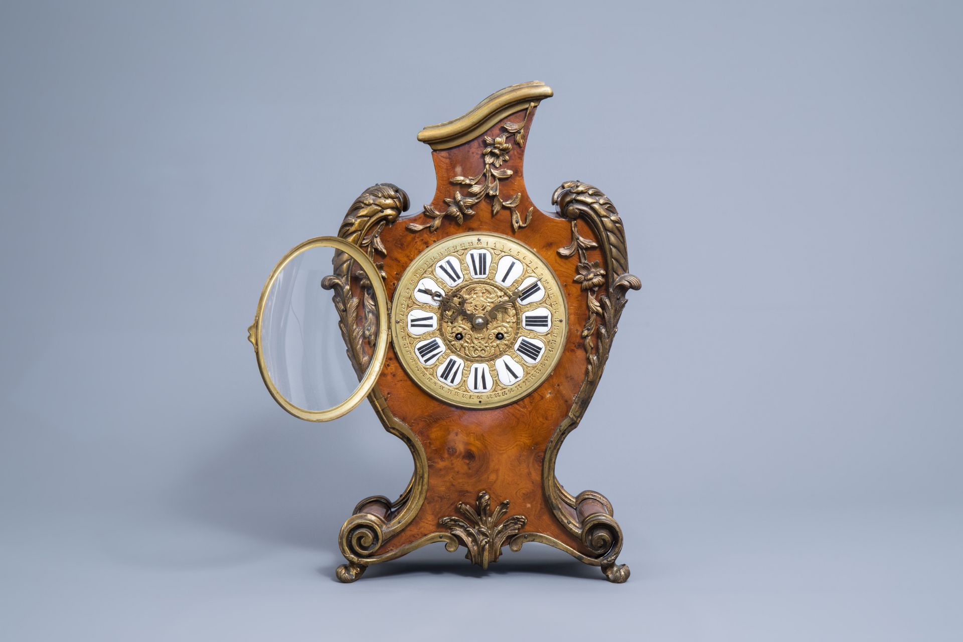 A German burl wood veneered brass mounted Louis XV style cartel clock, , 20th C. - Image 4 of 13