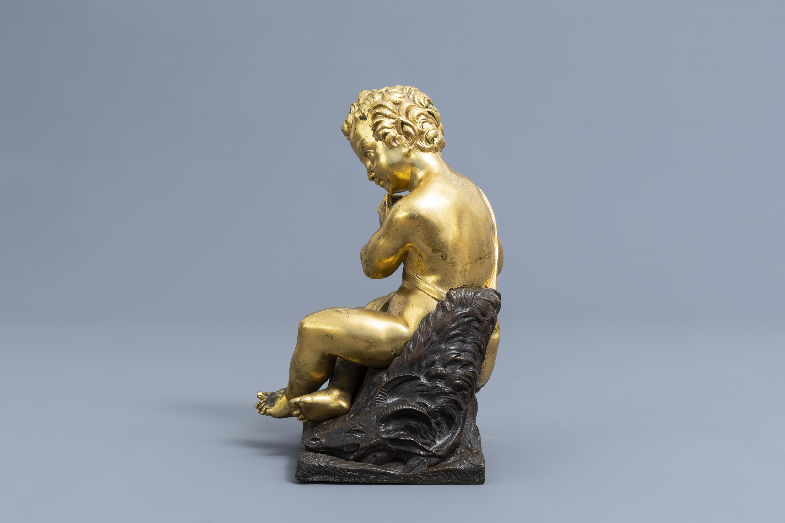 French school: A flute player with a goat, gilt and patinated bronze on a gilt mounted wooden base, - Image 5 of 13