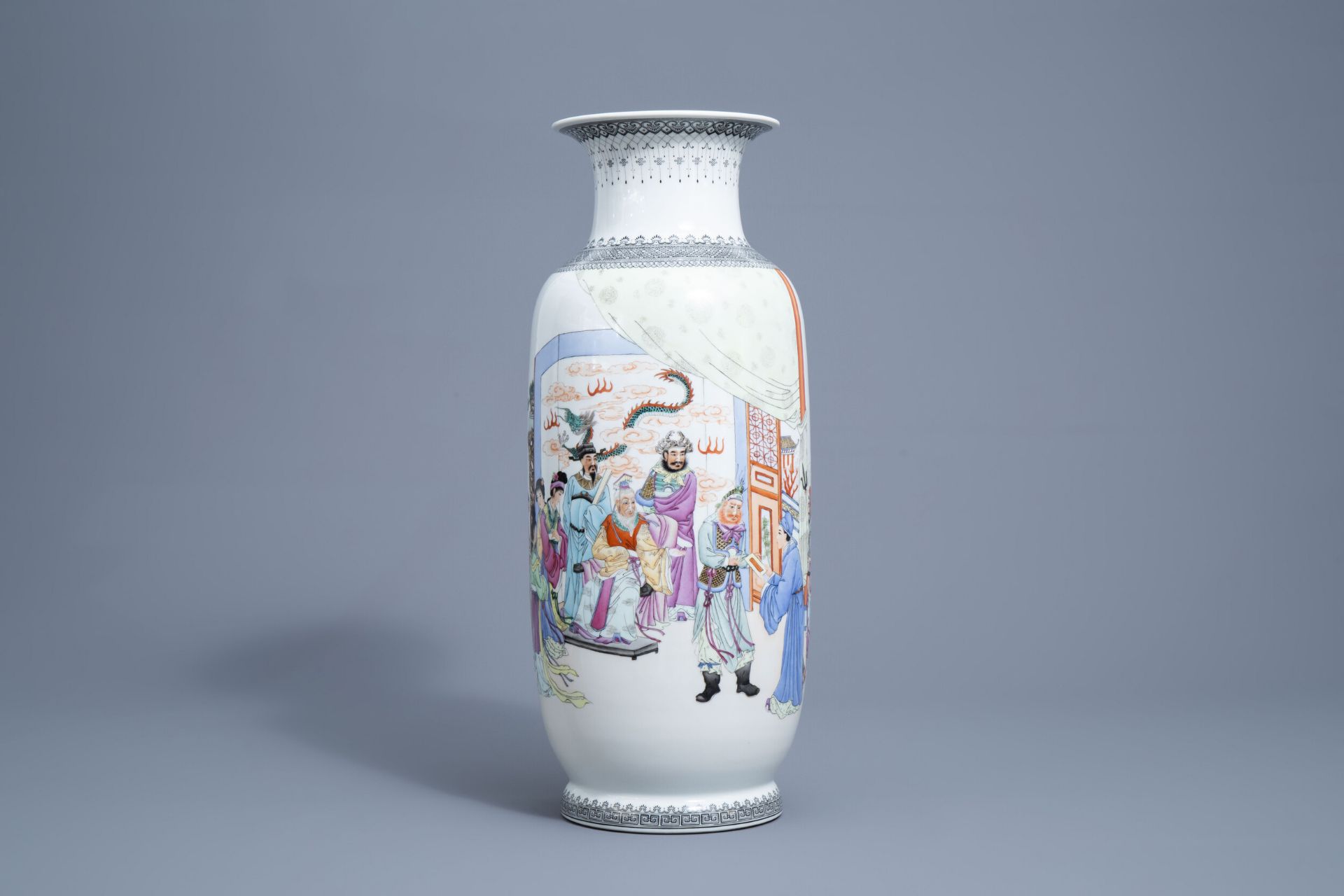 A Chinese famille rose vase with a narrative scene, Qianlong mark, Republic, 20th C.