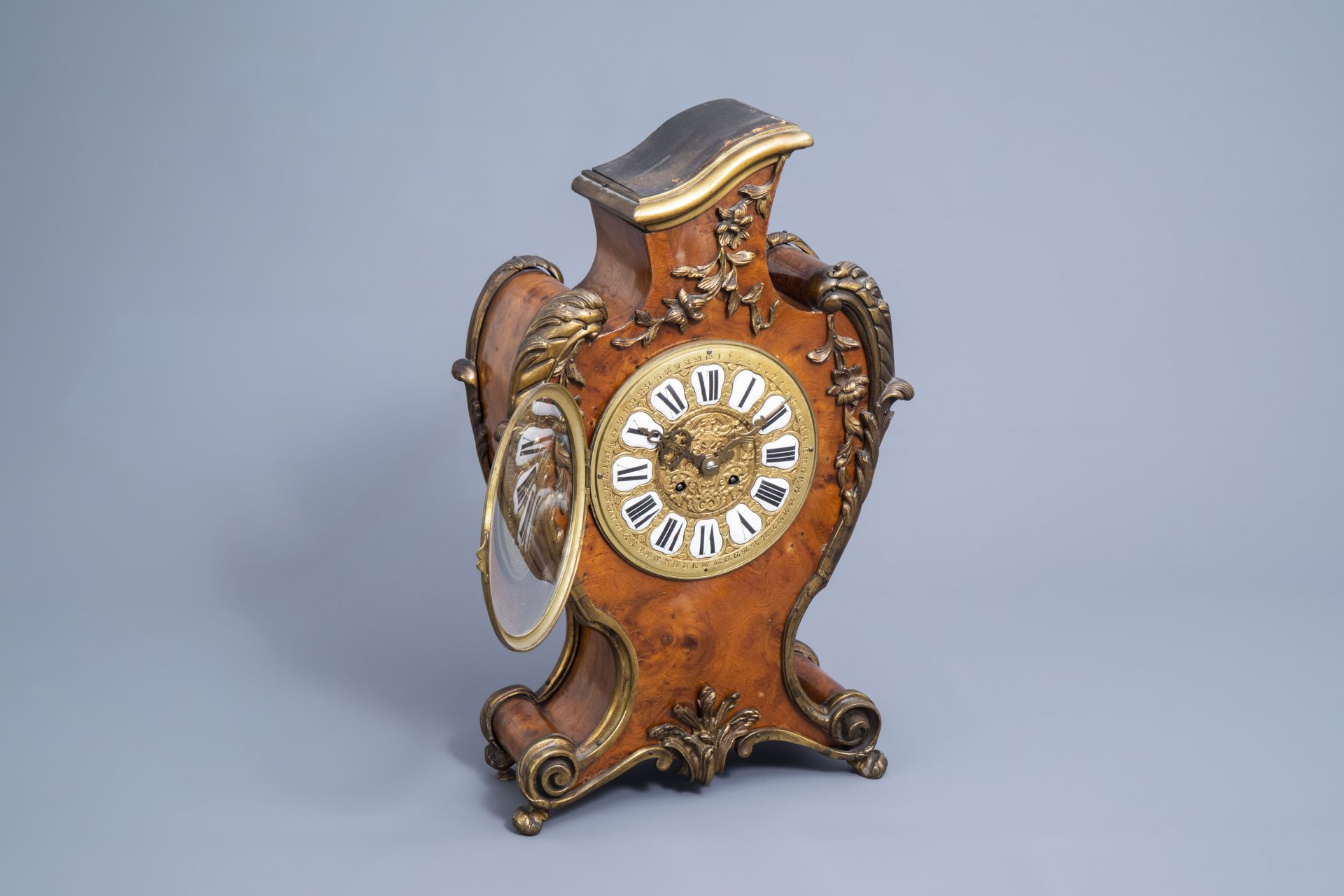 A German burl wood veneered brass mounted Louis XV style cartel clock, , 20th C. - Image 2 of 13