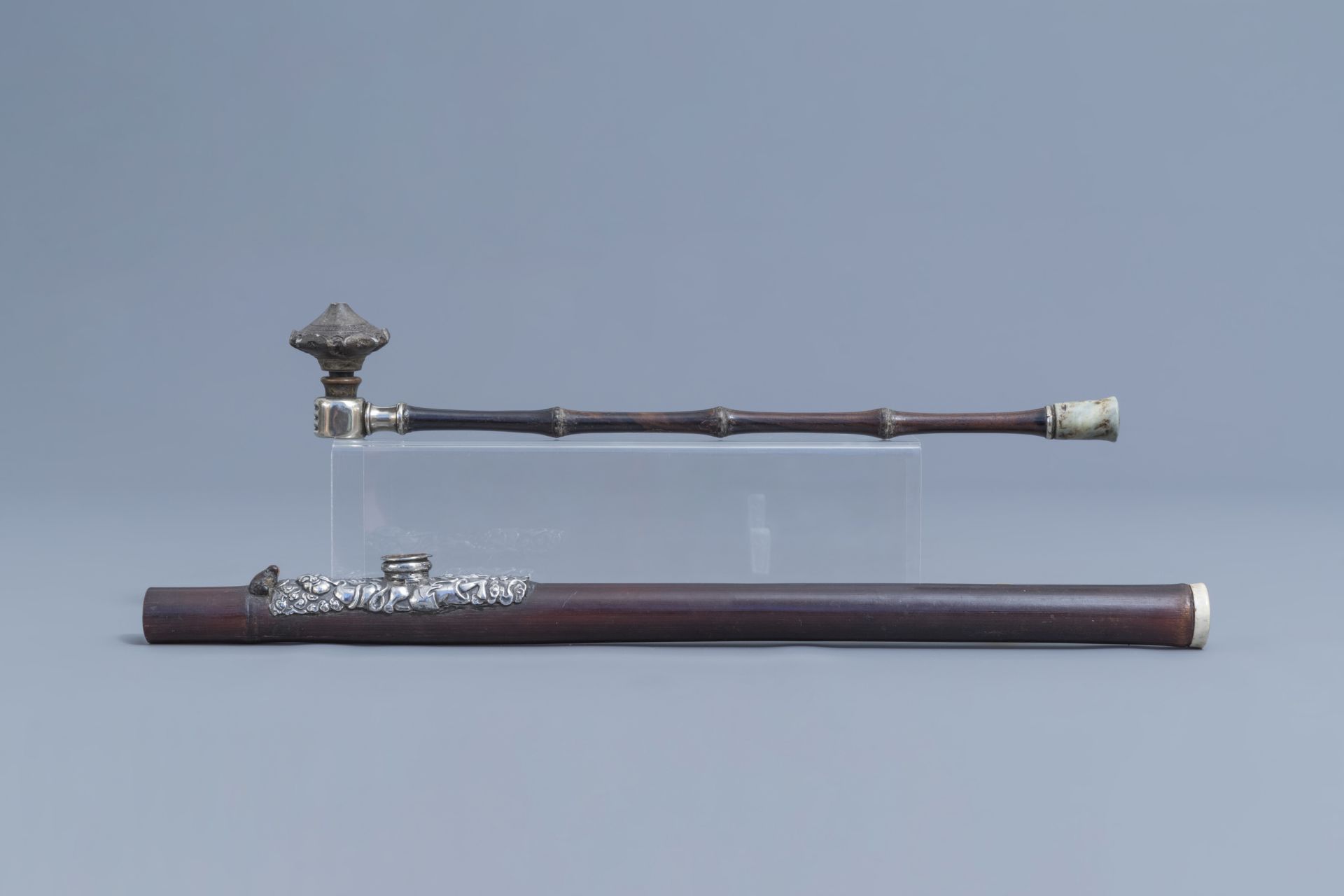 Two Chinese bamboo opium pipes finished with silver, jade, ivory and stoneware, 19th C. - Image 3 of 8