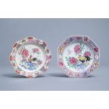 Two Chinese famille rose plates with a rooster and floral design, Qianlong