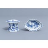 A Chinese blue and white salt and a 'Romance of the Western Chamber' spoon tray, Kangxi