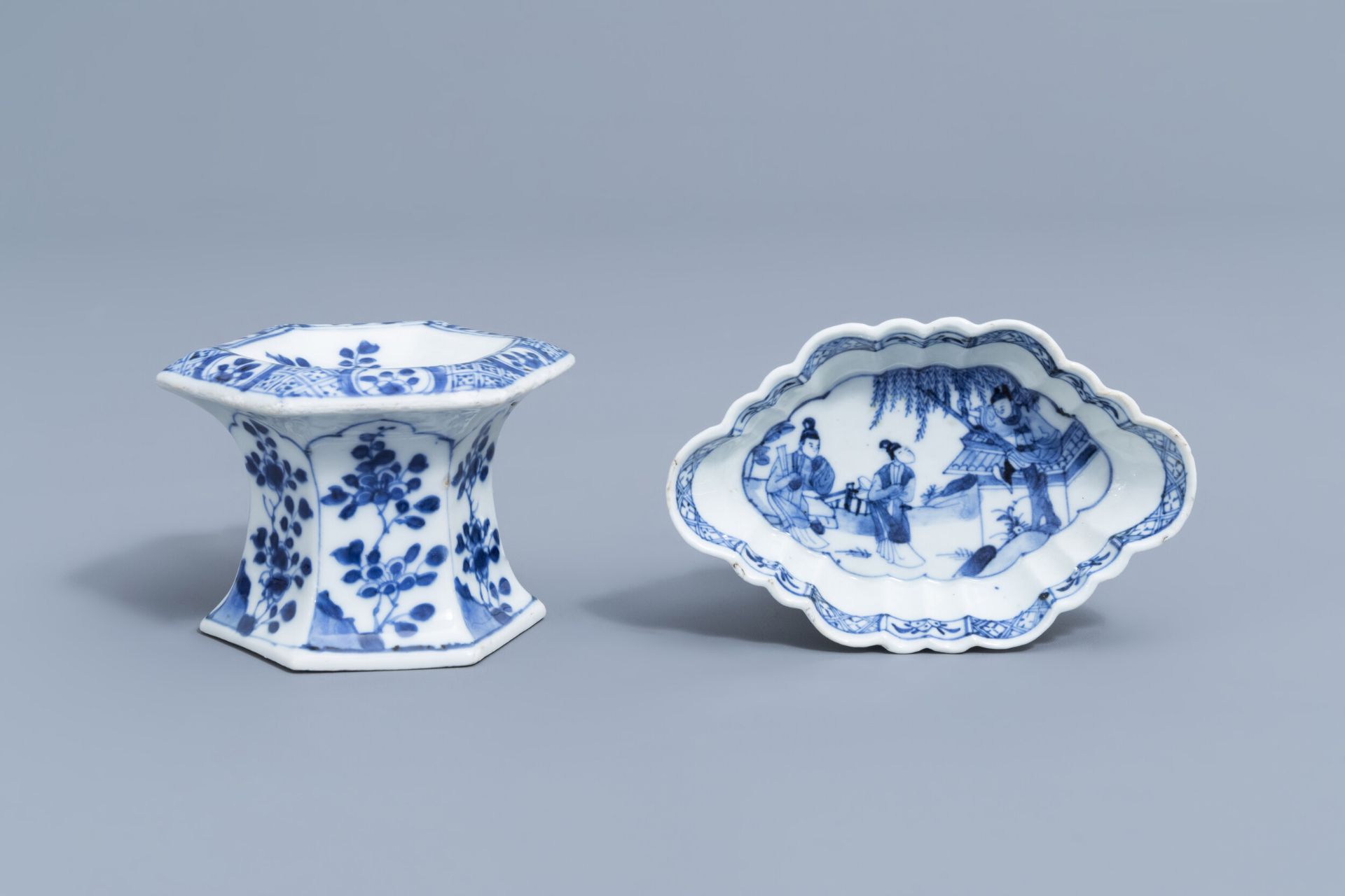 A Chinese blue and white salt and a 'Romance of the Western Chamber' spoon tray, Kangxi