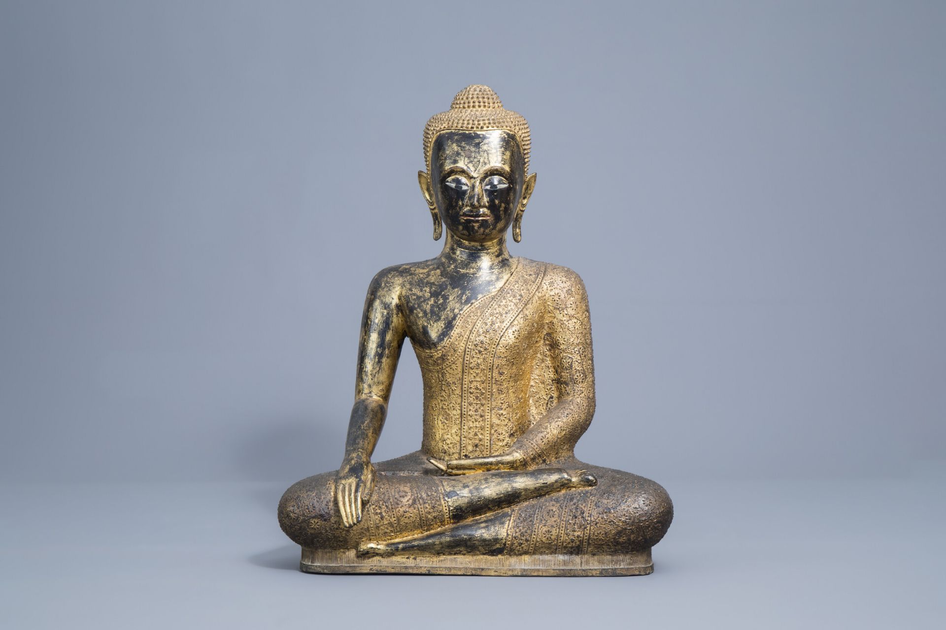 A large Thai gilt lacquered bronze figure of Buddha Maravijaya, Rattanakosin, 19th C.