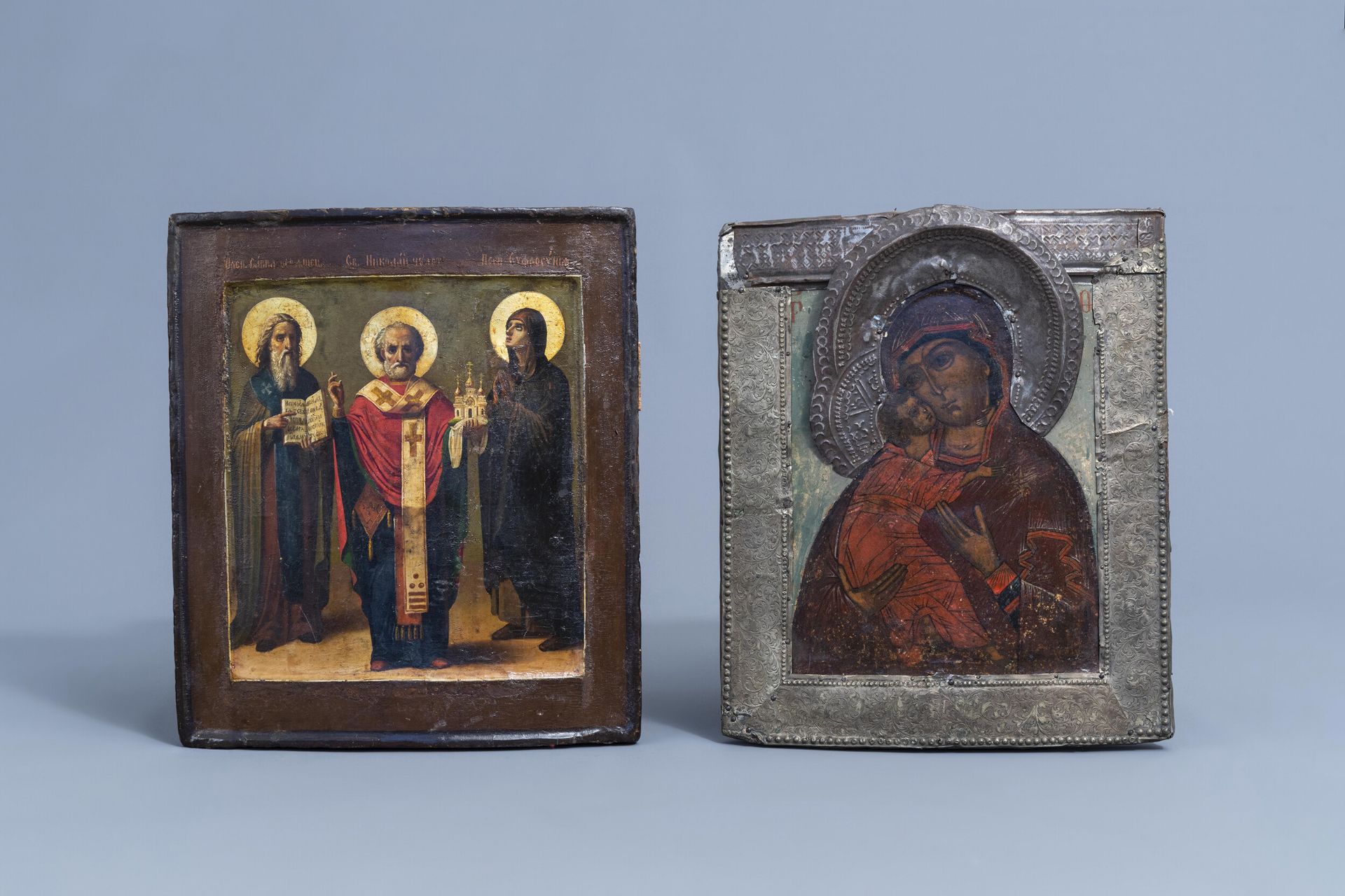 Two Russian icons, 'Mother of God' and 'Saint Nicholas', 19th C.