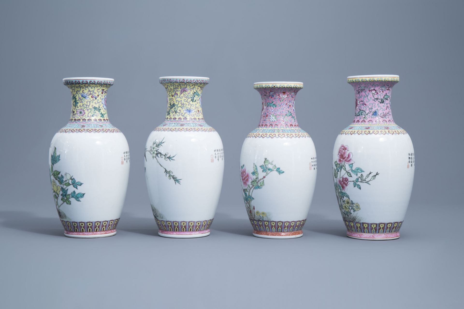 A varied collection of nine Chinese famille rose vases, 20th C. - Image 5 of 20