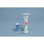 A Chinese famille rose gu vase with a bird and a blue and white one, Kangxi/Yongzheng