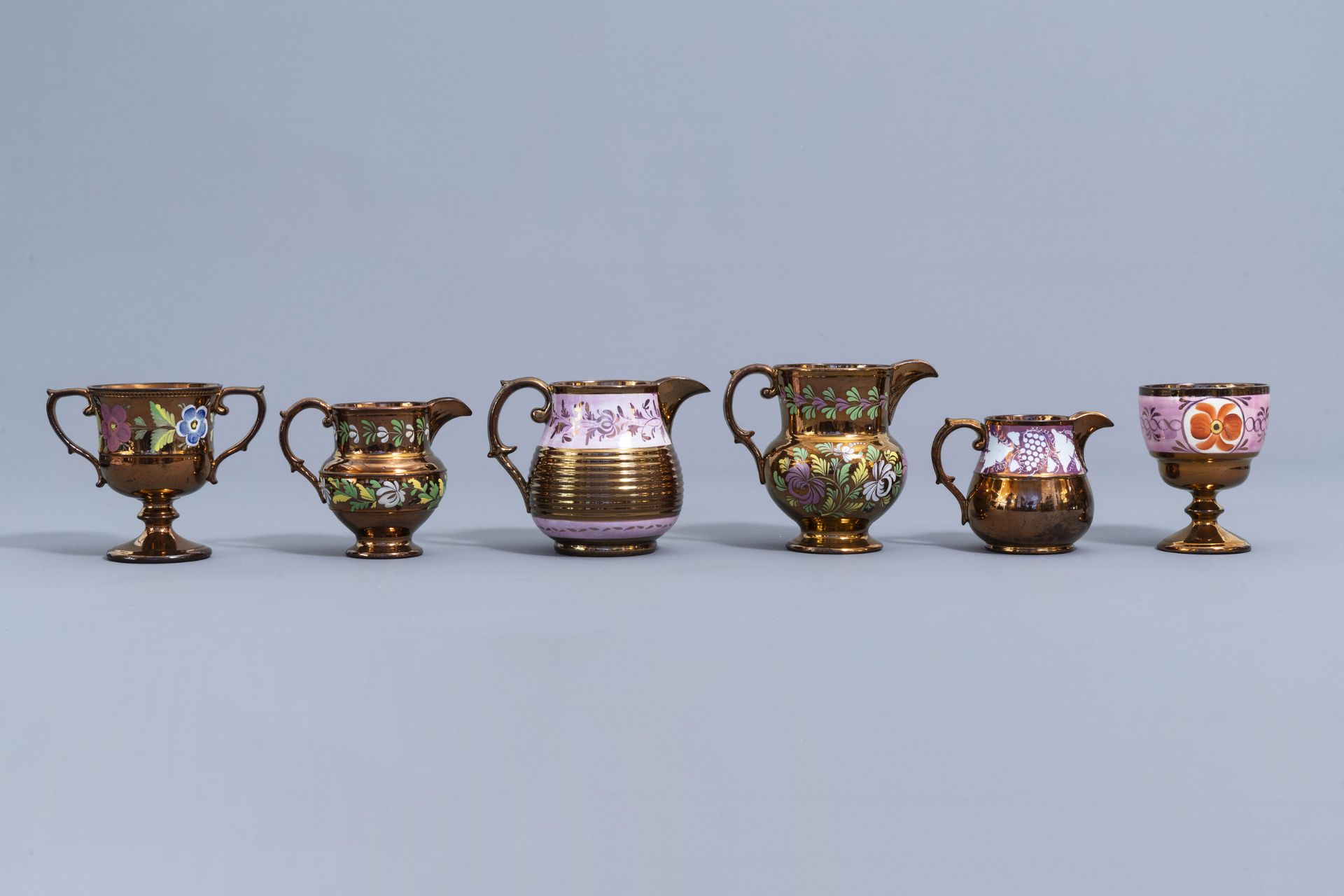 A varied collection of English lustreware items with polychrome floral design, 19th C. - Image 32 of 64