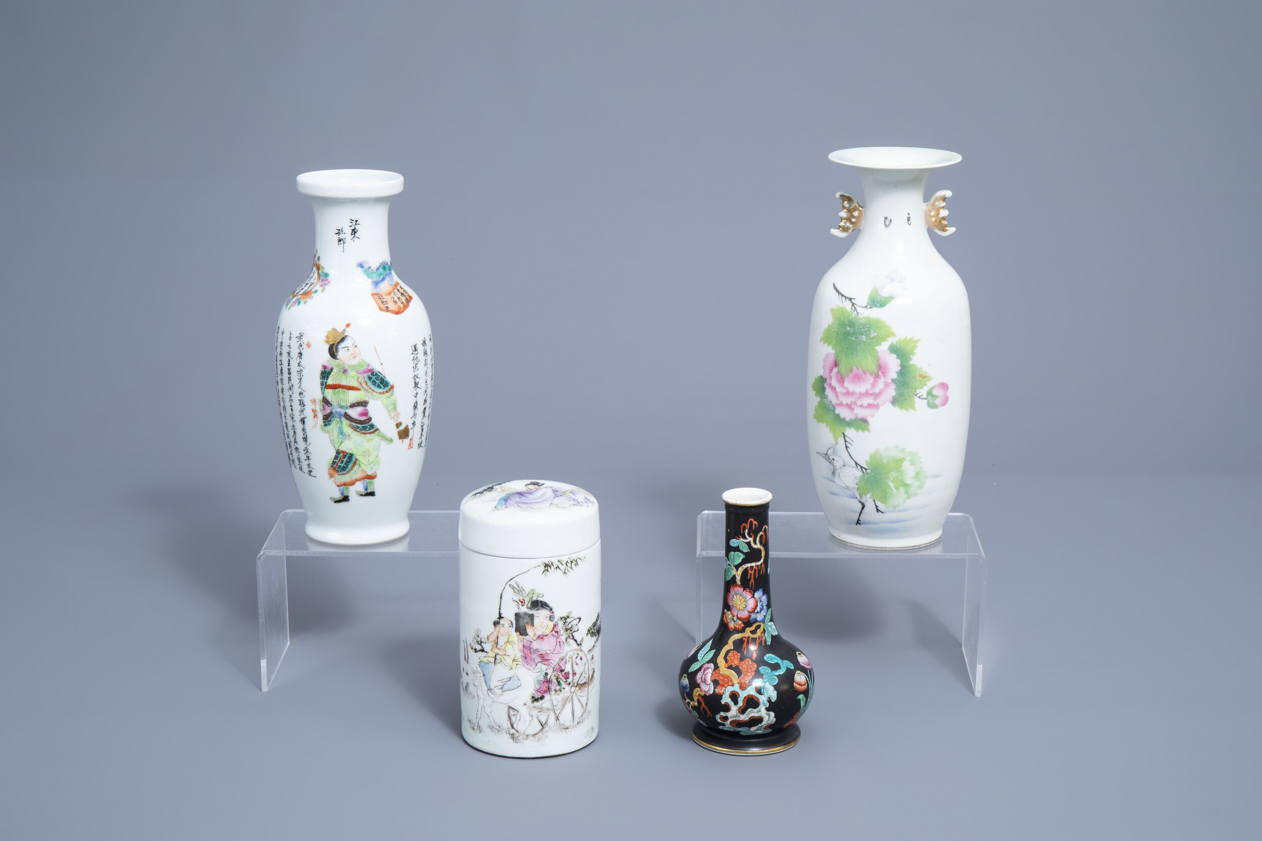 Three Chinese famille rose vases and a jar and cover with figures in a landscape, 19th/20th C.