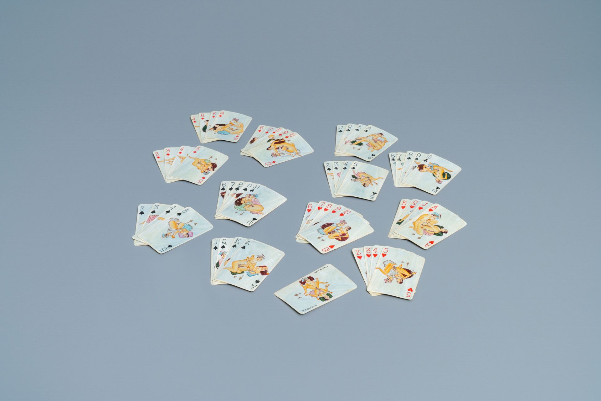 A complete playing cards set with erotic miniatures on ivory, India, early 20th C.