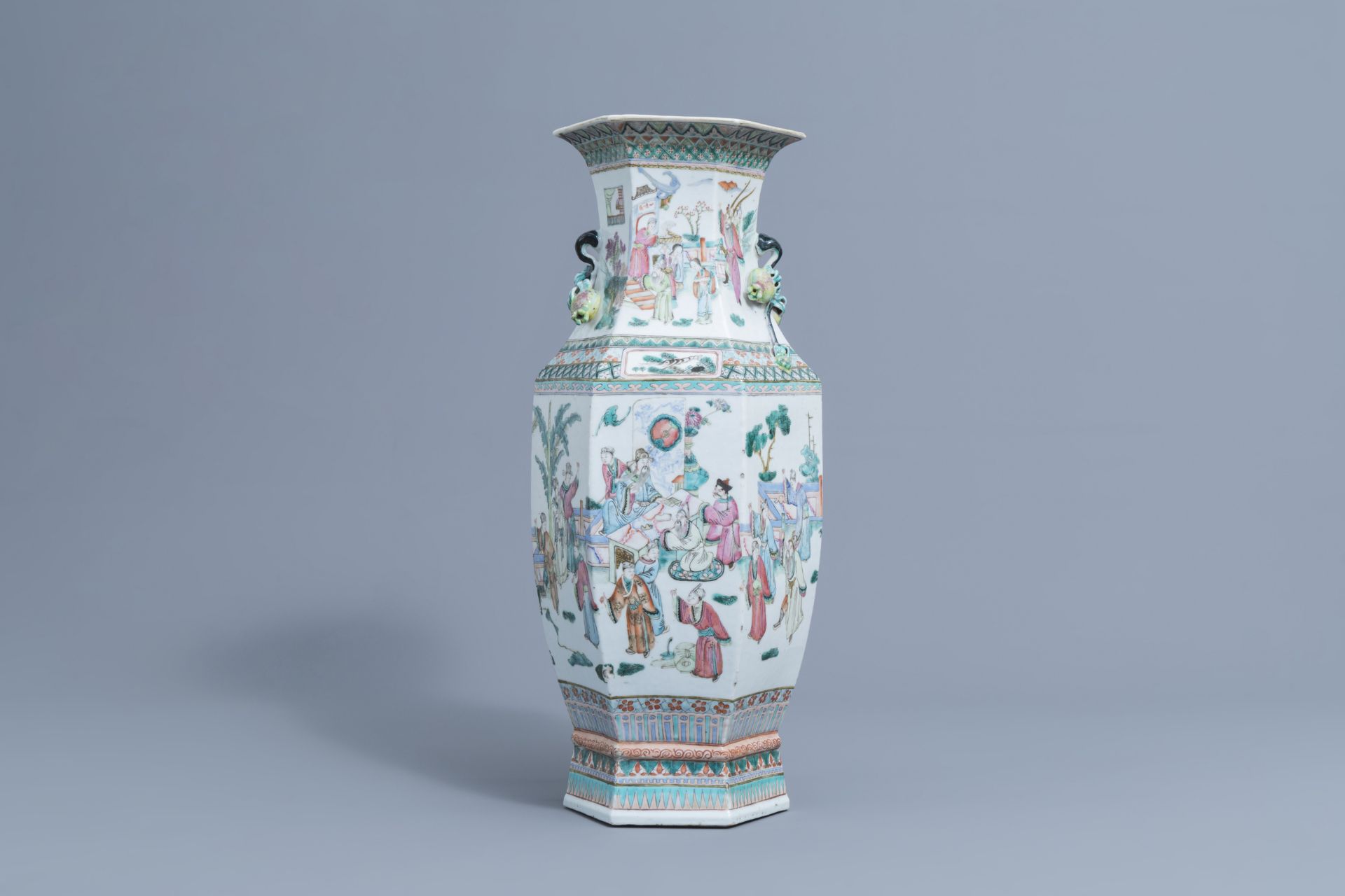 A Chinese hexagonal famille rose vase with figurative design, 19th C. - Image 3 of 6