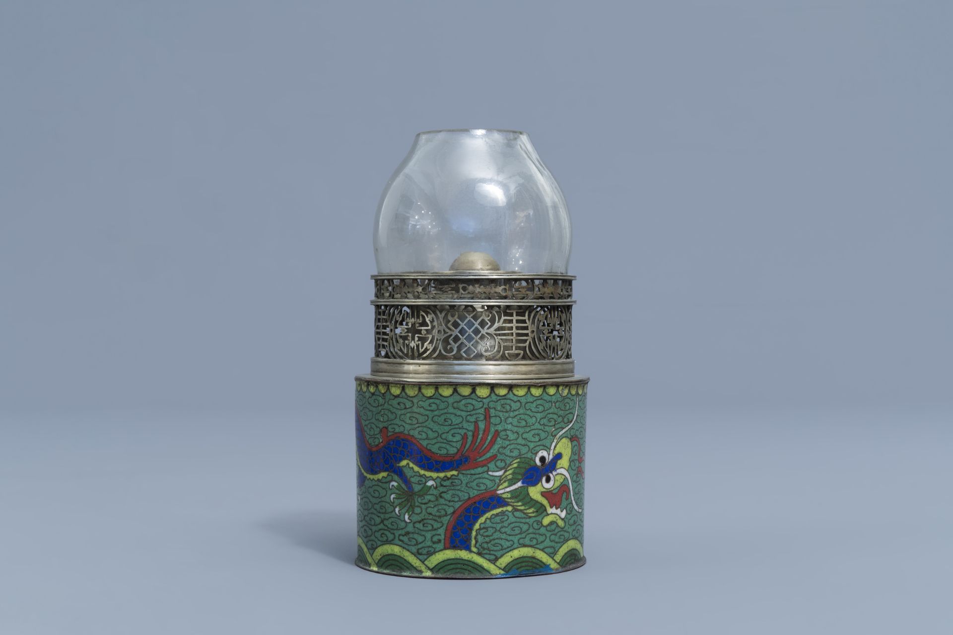 Two Chinese paktong and cloisonnŽ opium lamps with dragons and floral design, 19th C. - Image 3 of 17