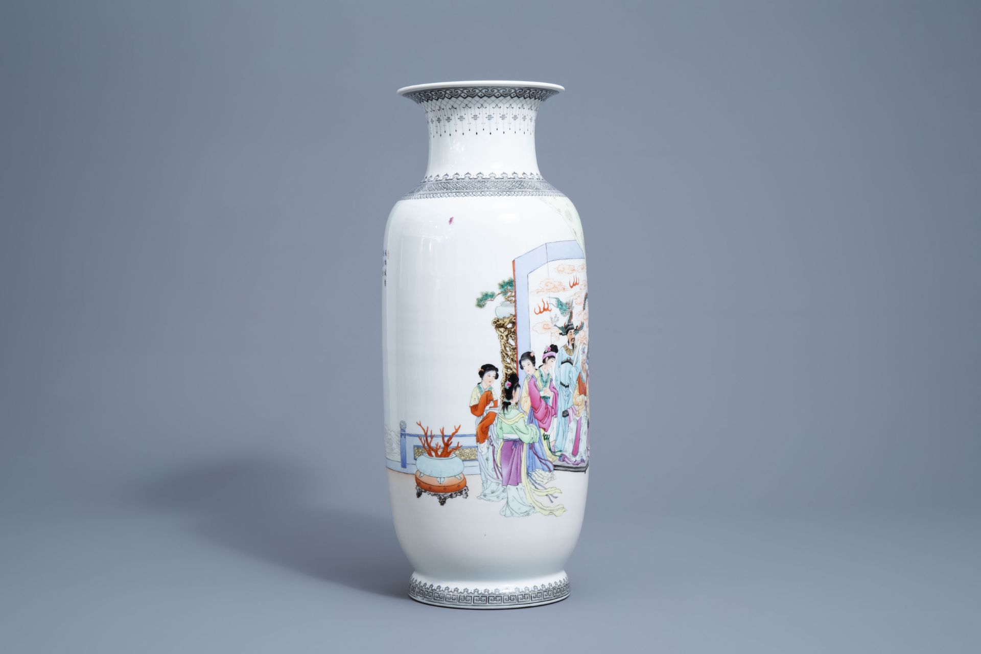 A Chinese famille rose vase with a narrative scene, Qianlong mark, Republic, 20th C. - Image 2 of 6