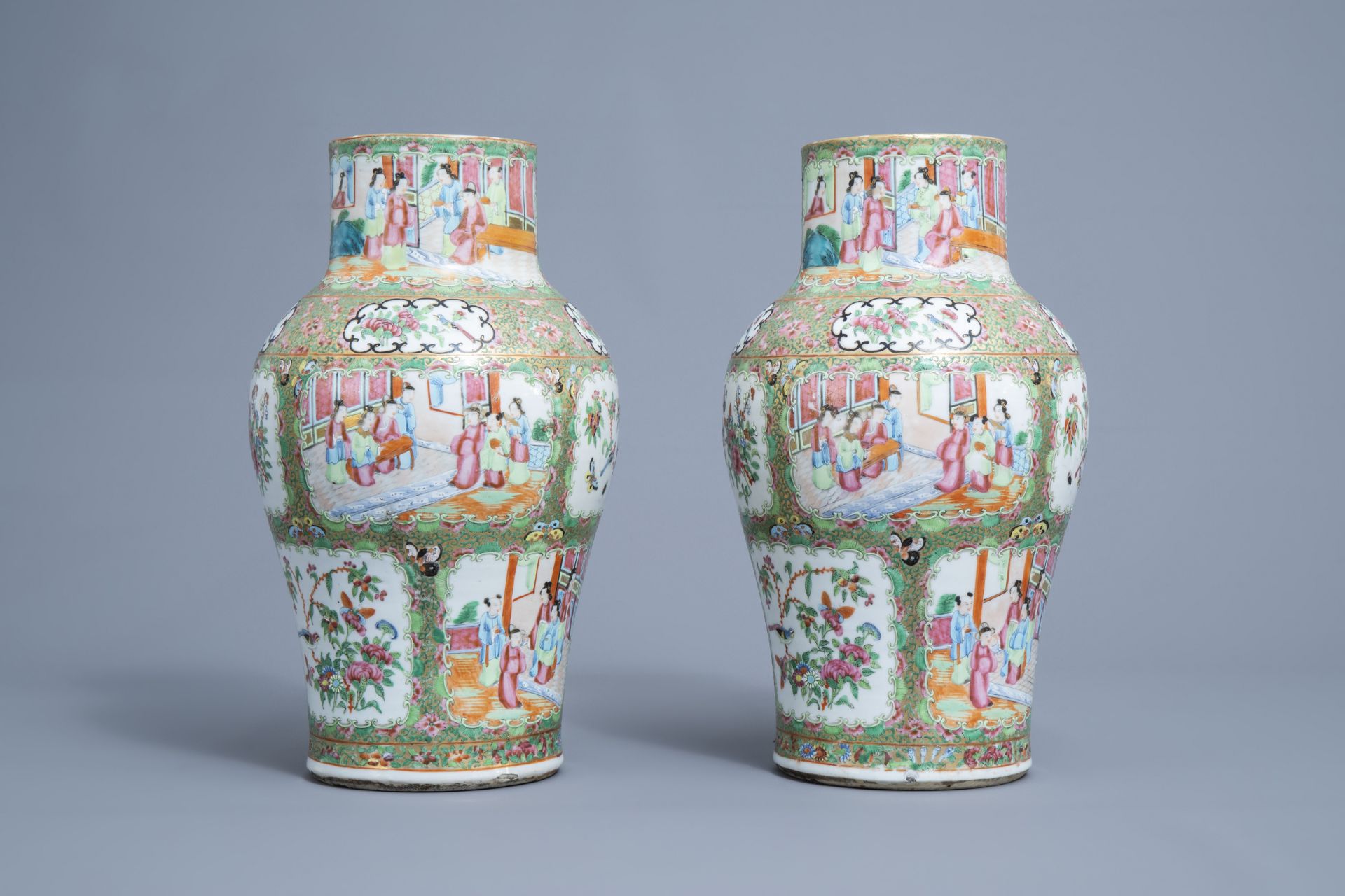 A pair of Chinese Canton famille rose vases and covers, 19th C. - Image 3 of 14
