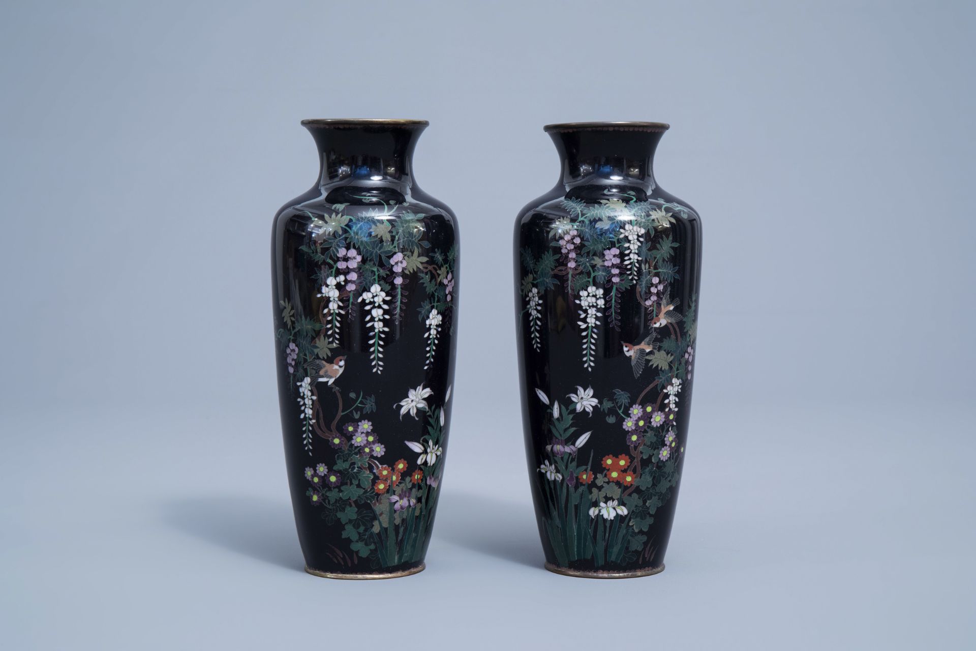 A pair of fine Japanese cloisonne vases with a bird among blossoming branches, Meiji, 19th C. - Image 2 of 7