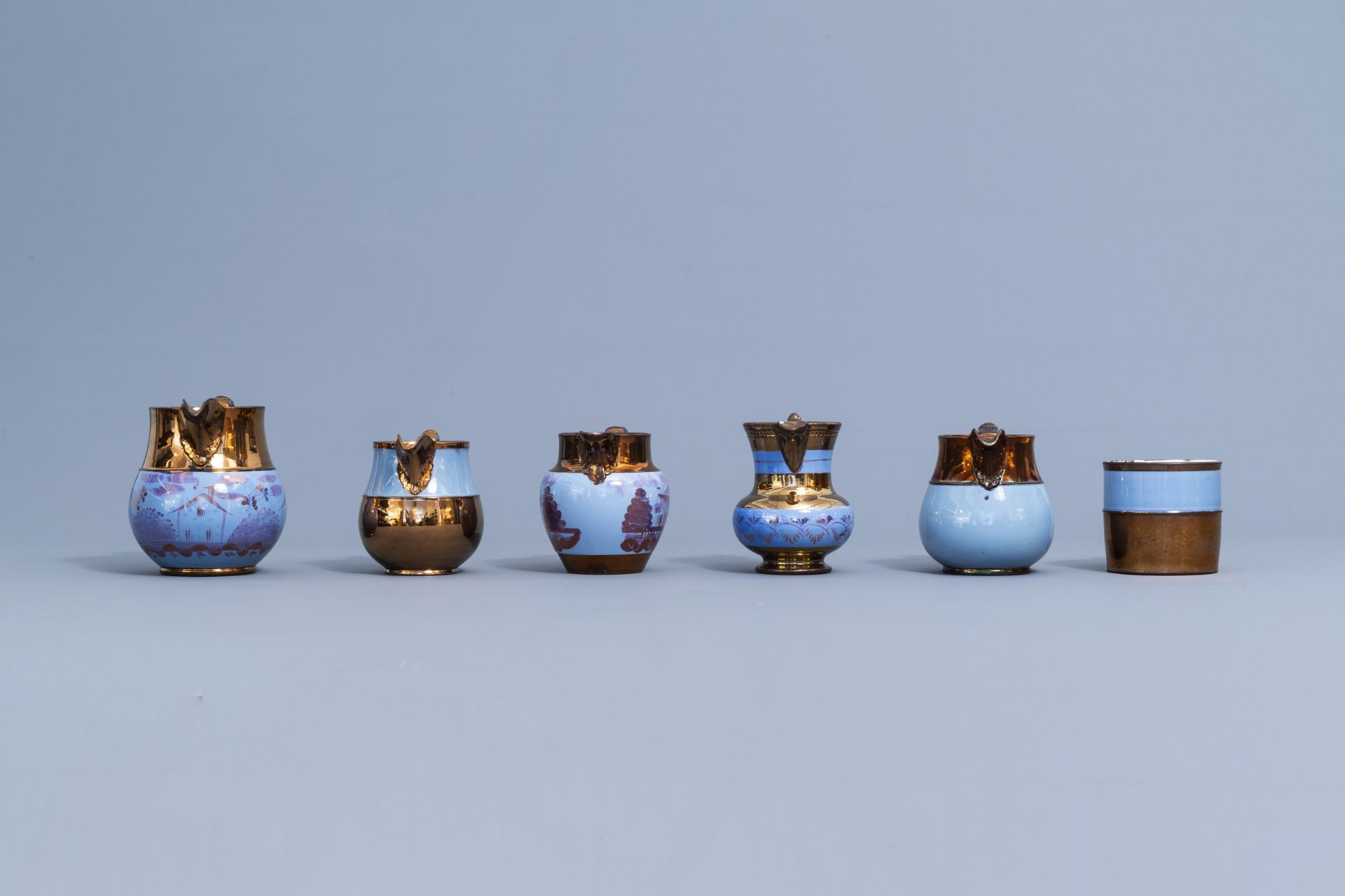 A varied collection of English lustreware items with blue design, 19th C. - Image 45 of 50