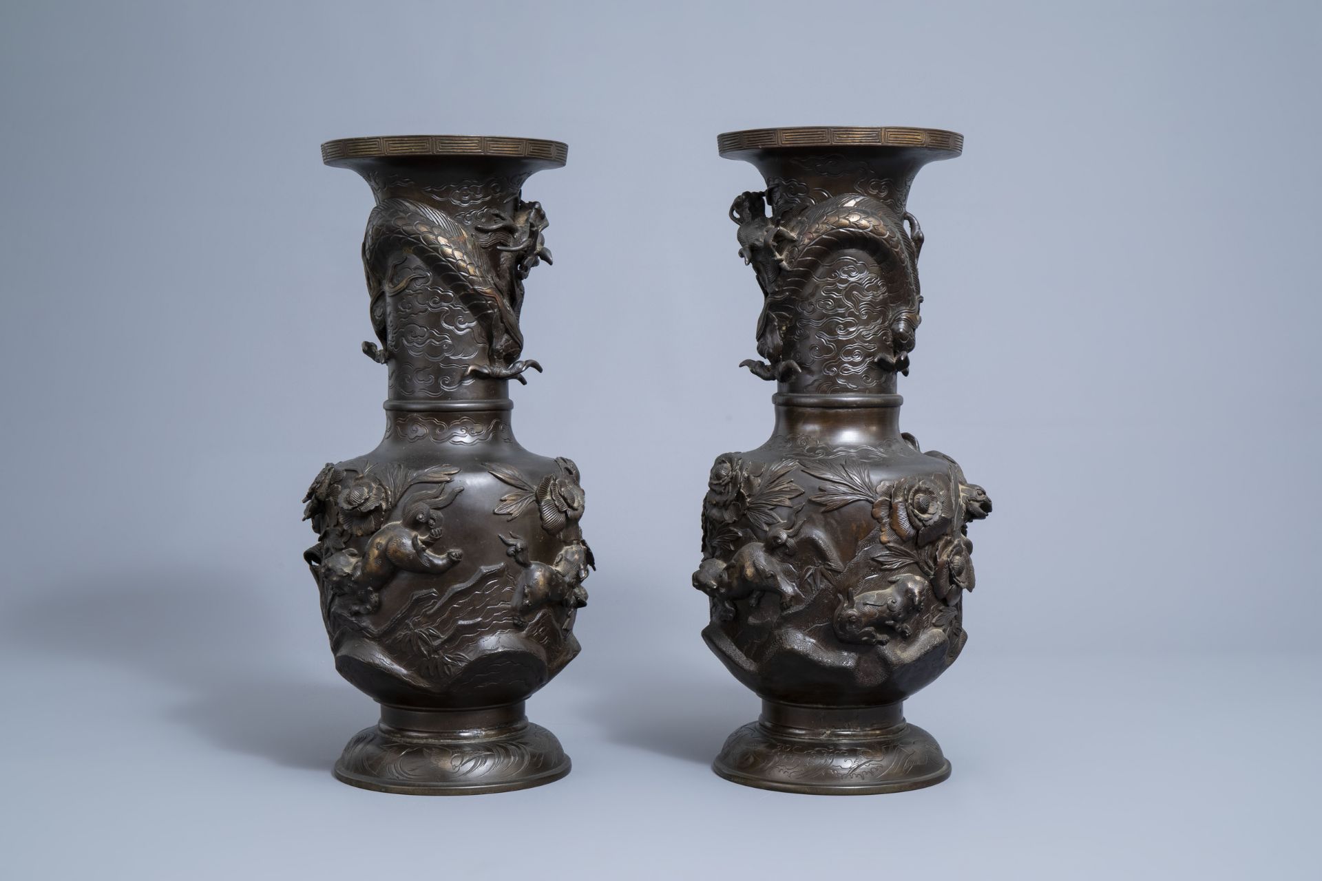 A pair of impressive Japanese partly gilt bronze vases with Gagneau mounts, Meiji, 19th C. - Image 11 of 40