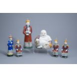 Five Chinese famille rose figures of dignitaries and a seated Buddha, seal marks, 20th C.