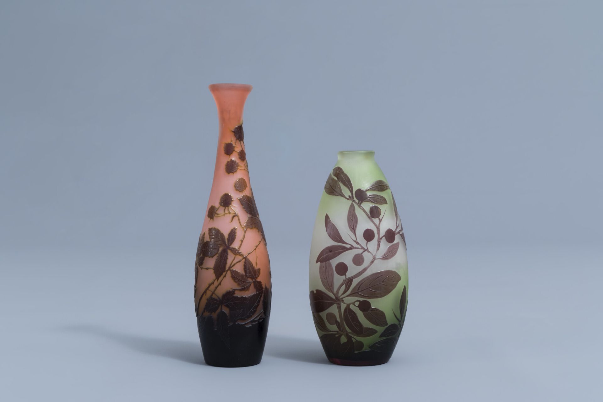 Emile GallŽ (1846-1904): Two cameo glass Art Nouveau vases with floral design, 20th C.