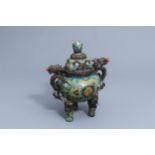 A Chinese cloisonne tripod incense burner and cover with dragon relief design, 20th C.