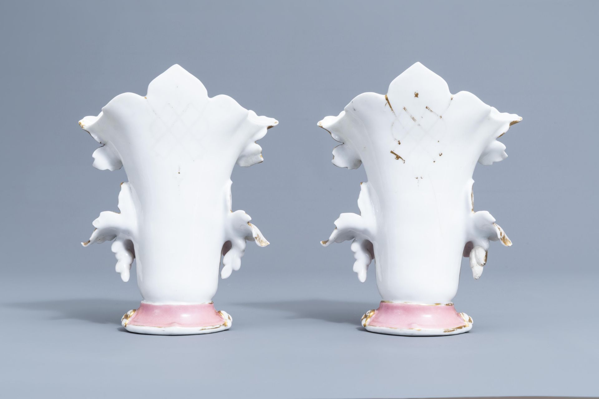 Two pairs of gilt and polychrome Paris porcelain vases and a 'chinoiserie' vase, 19th C. - Image 41 of 48