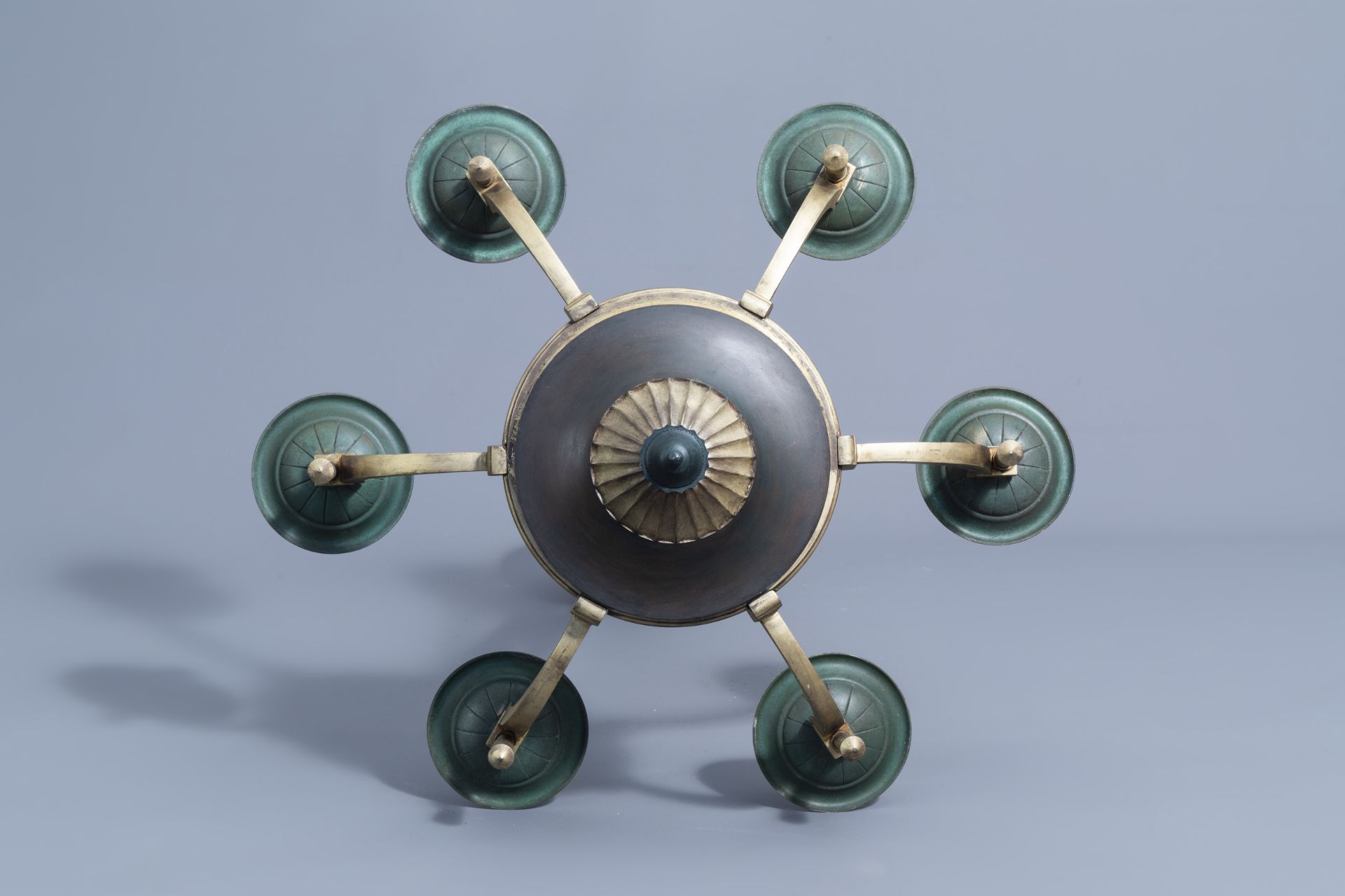 A French Petitot Art Deco gilt and patinated three-light chandelier, first half of the 20th C. - Image 2 of 6