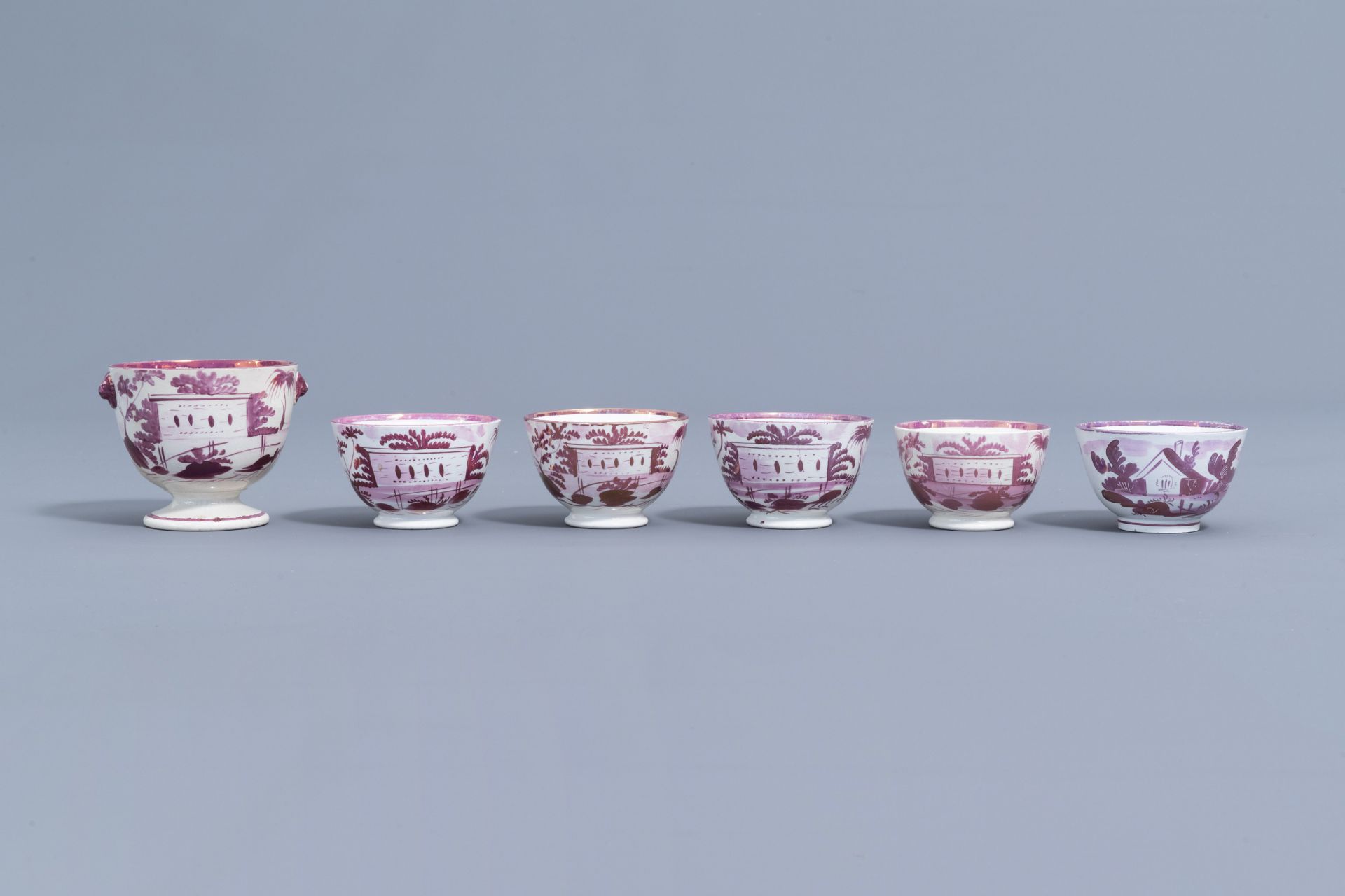 A varied collection of English pink lustreware items with a cottage in a landscape, 19th C. - Image 11 of 50