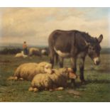 Louis Robbe (1806-1887): Sheep and a donkey in a pasture, oil on panel