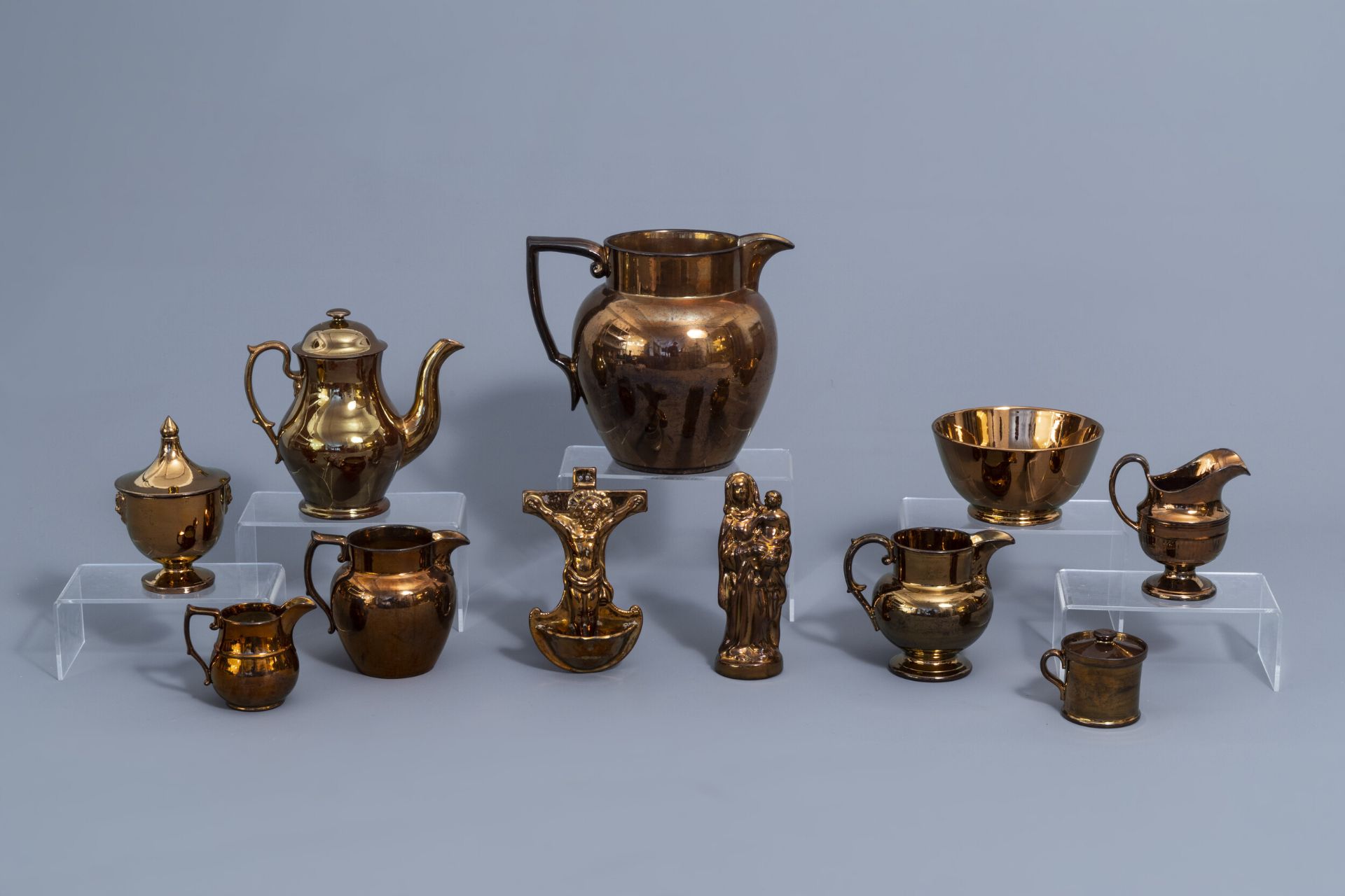 A varied collection of English monochrome copper lustreware items, 19th C.