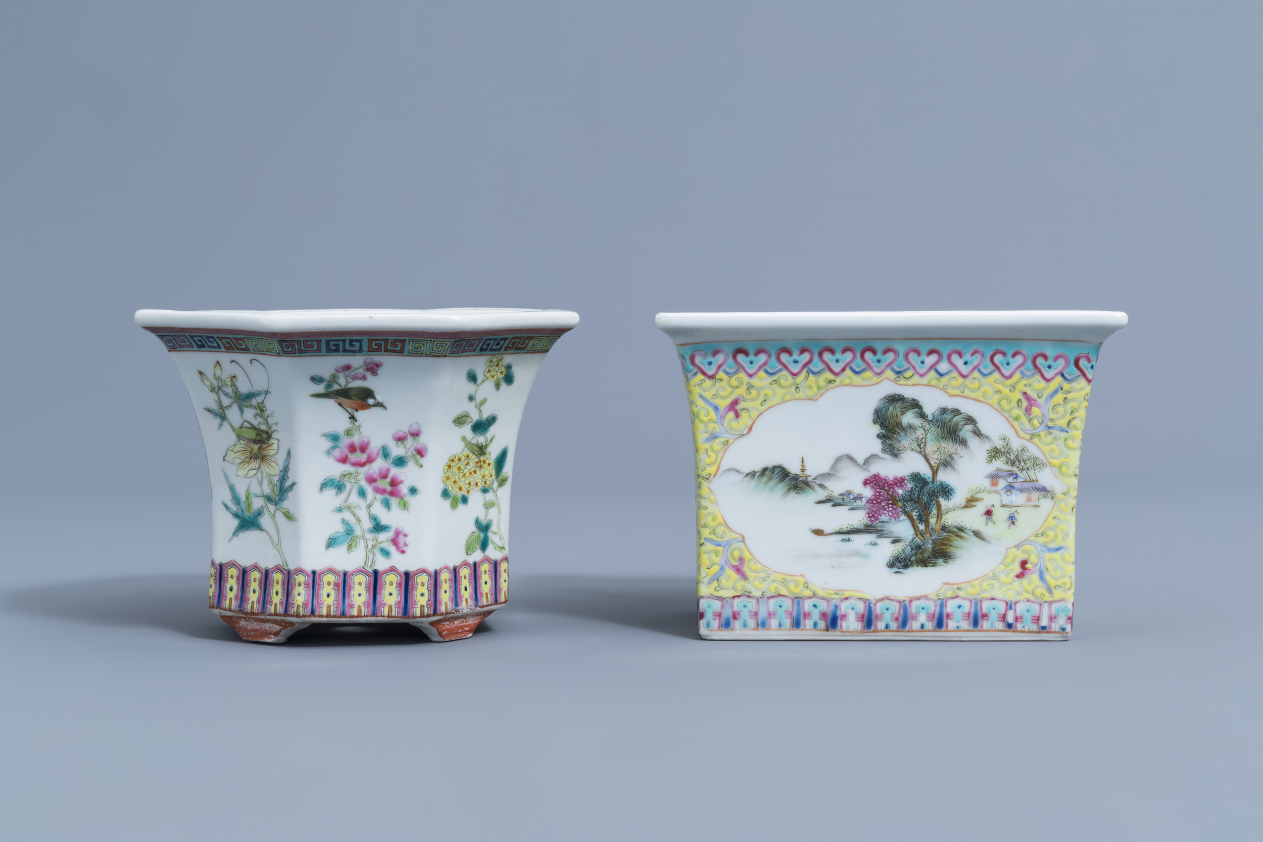 Two Chinese famille rose jardinires and a bowl with floral design, 20th C. - Image 4 of 15