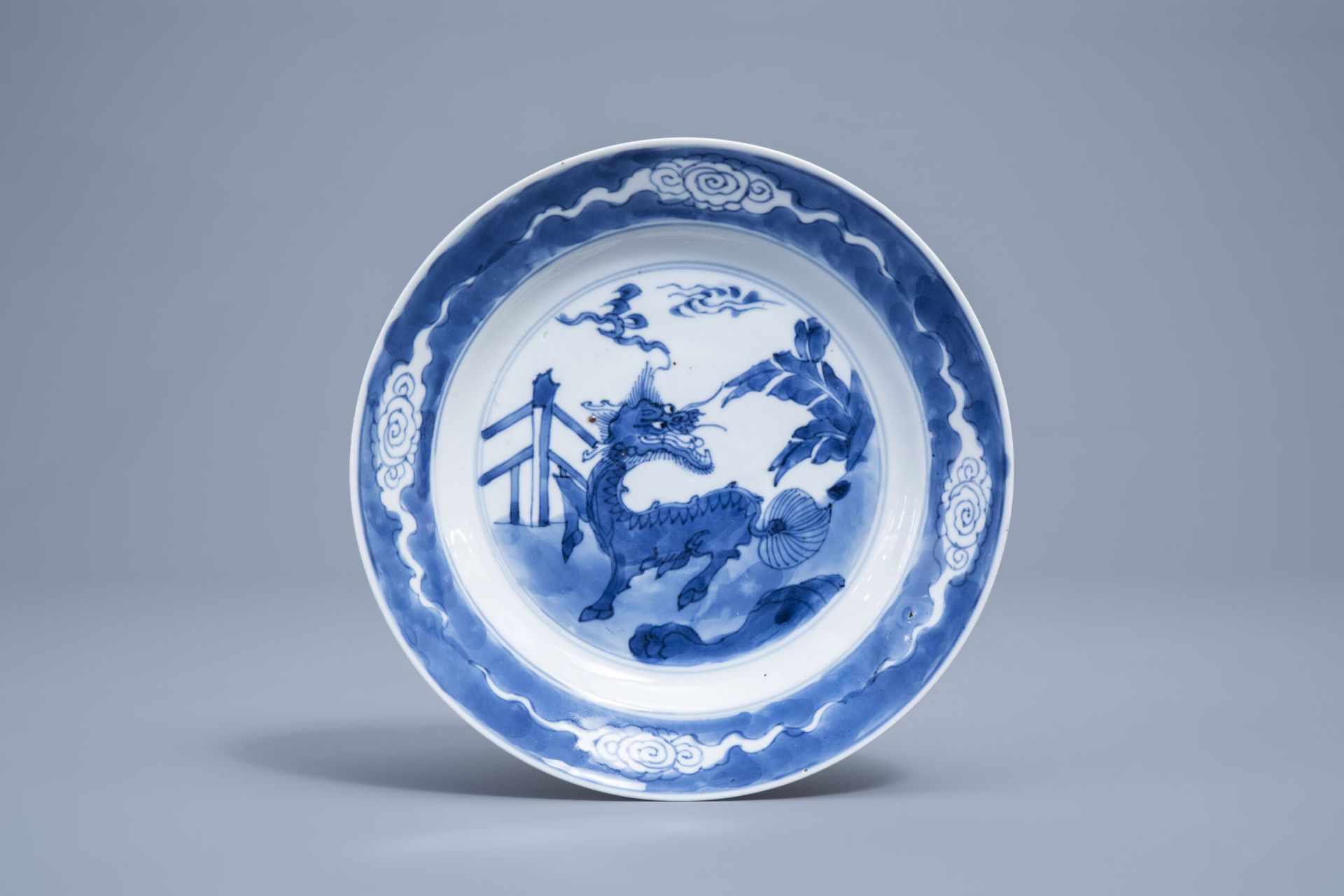 A Chinese blue and white 'qilin' plate, Kangxi