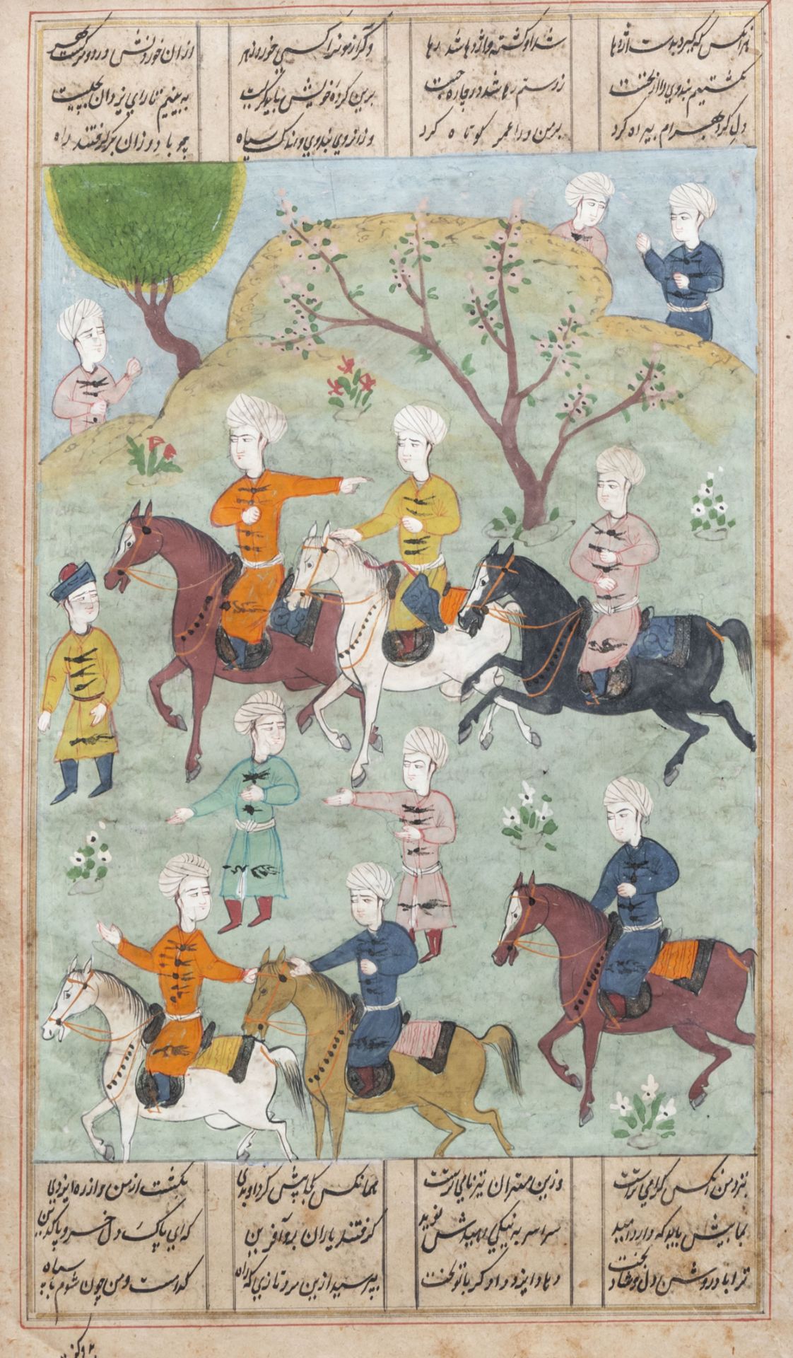 Six large Persian miniature paintings depicting hunting, tournament and war, Iran, 19th/20th C. - Image 7 of 10