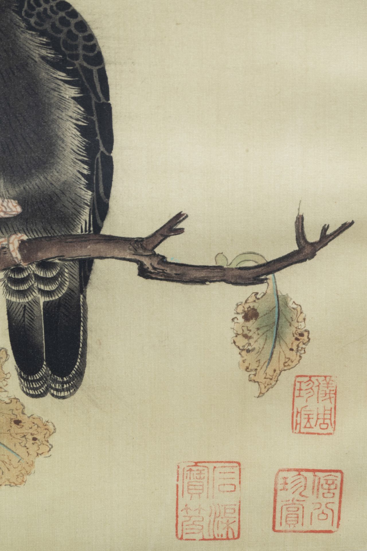 Chinese school, ink and colours on silk, 19th/20th C.: A bird on a branch - Image 7 of 9