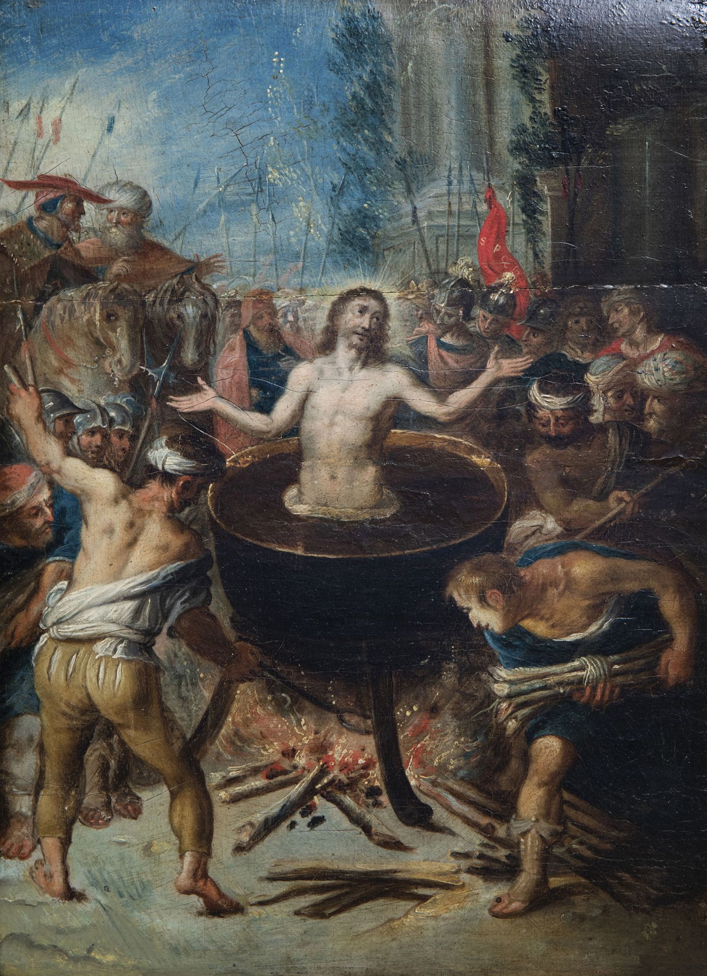 Flemish school: The martyrdom of Saint John the Evangelist, oil on panel, ca. 1600