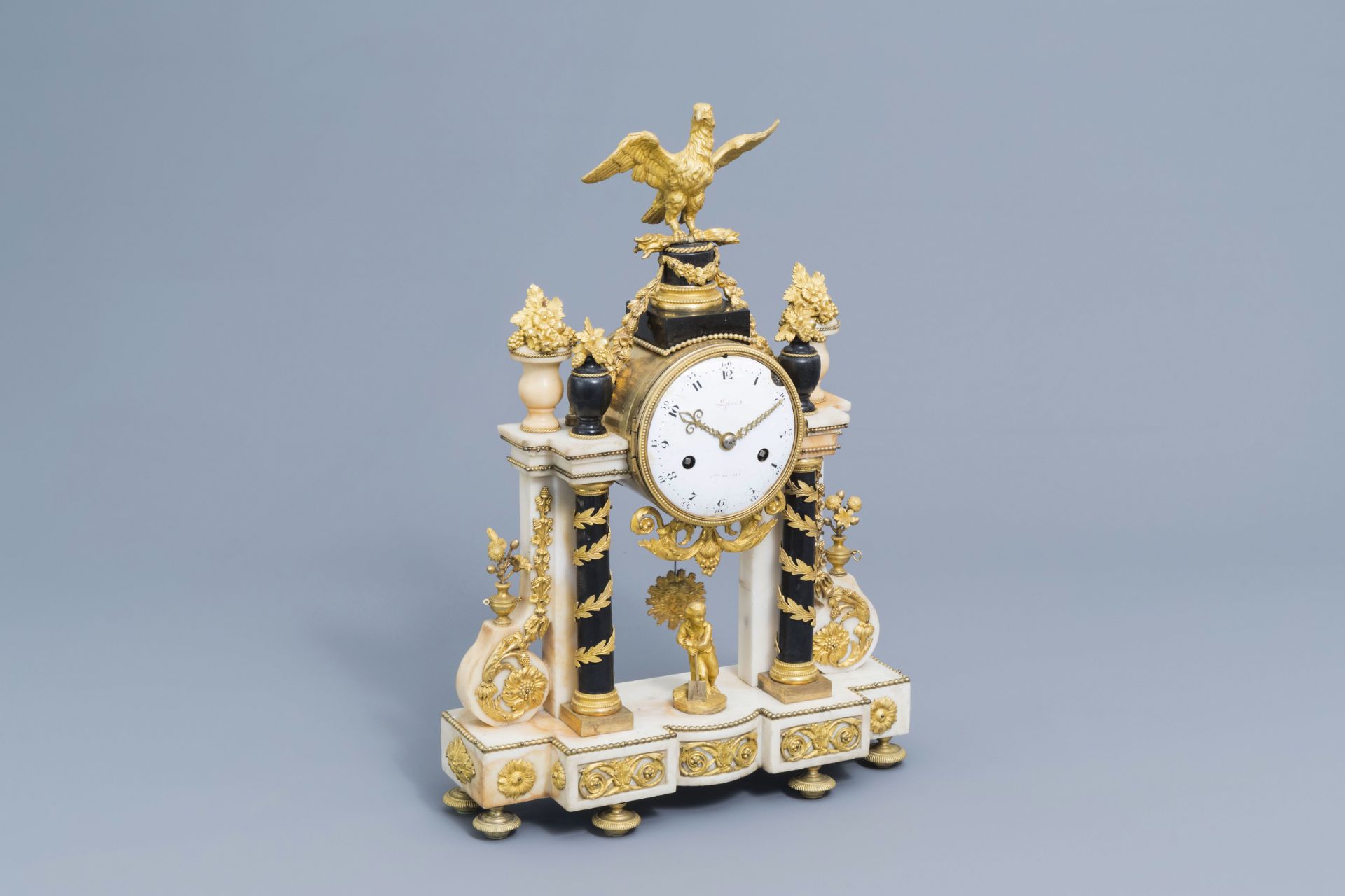 A French Louis XVI gilt bronze mounted white and black marble portico clock with an eagle, ca. 1800 - Image 2 of 13