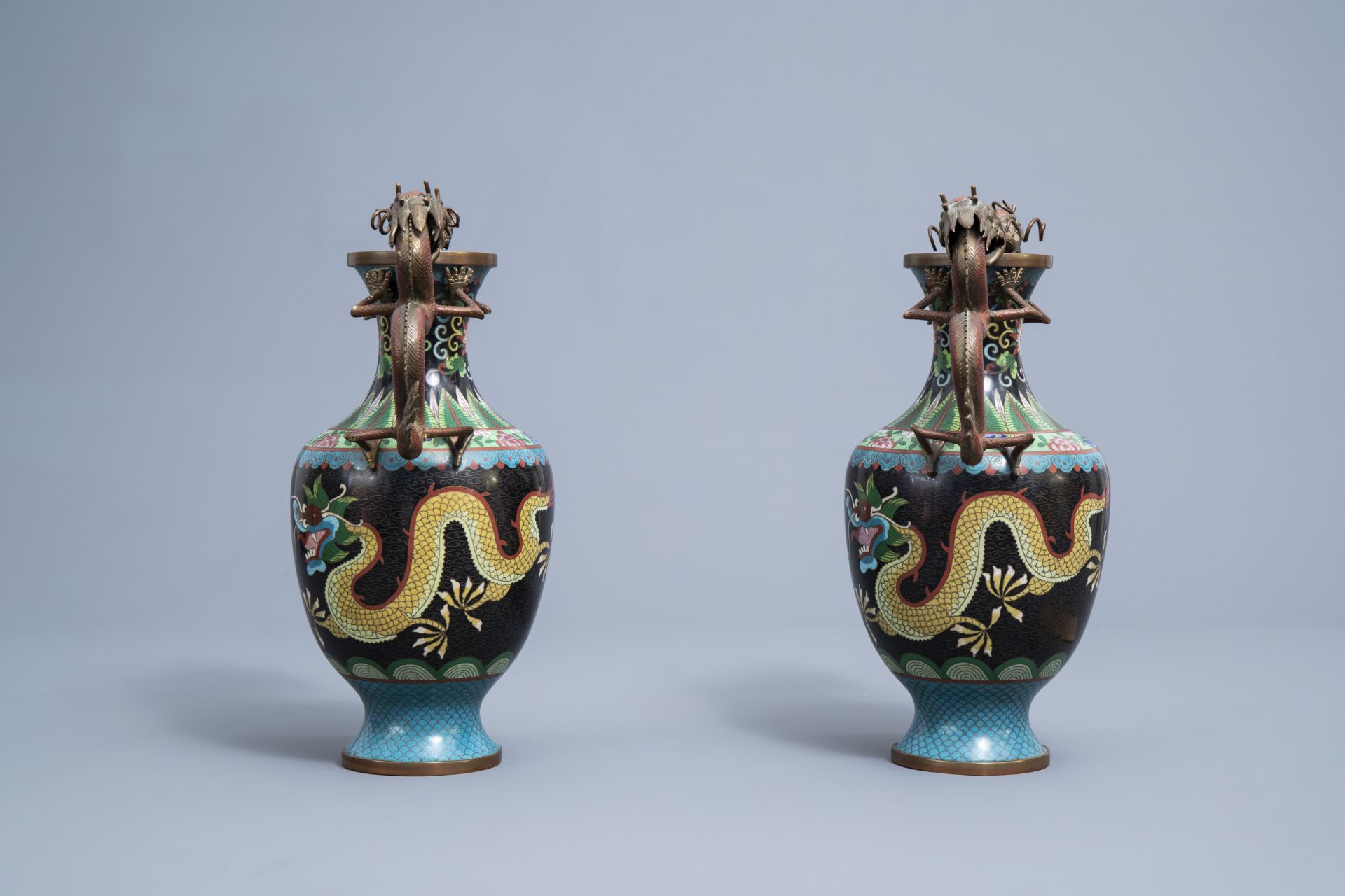 A Chinese cloisonne incense burner and two pairs of vases with dragon design, 20th C. - Image 5 of 19