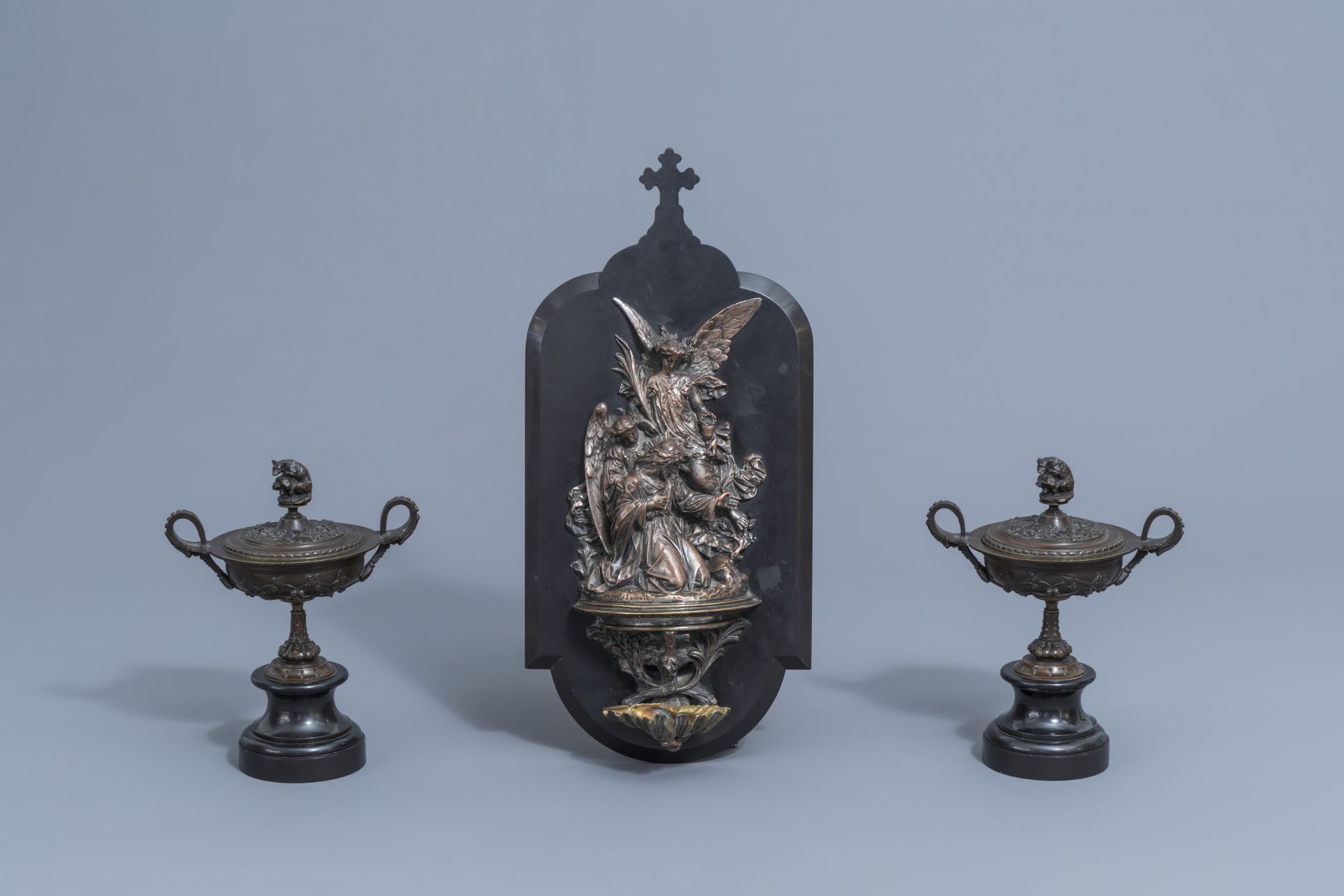 Leonard Morel-Ladeuil (1820-1888): holy water font with & Auguste Nicolas Cain (1821-1894): Two vase