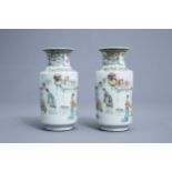 A pair of Chinese famille verte vases with figurative design all around, 19th C.