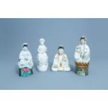 Four Chinese famille rose, gilt and blanc de Chine figures of a seated Guanyin, 19th/20th C.