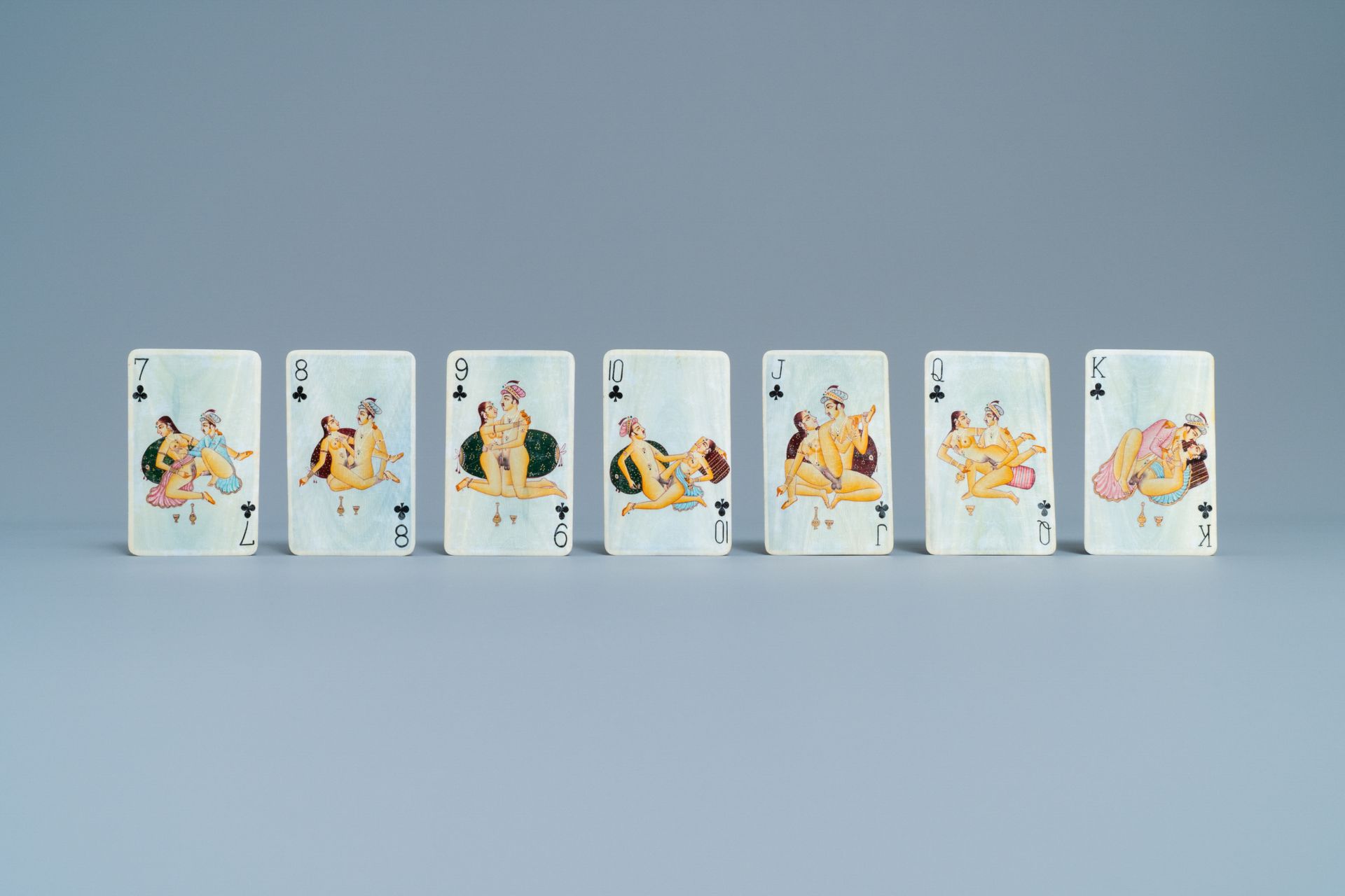 A complete playing cards set with erotic miniatures on ivory, India, early 20th C. - Image 12 of 17