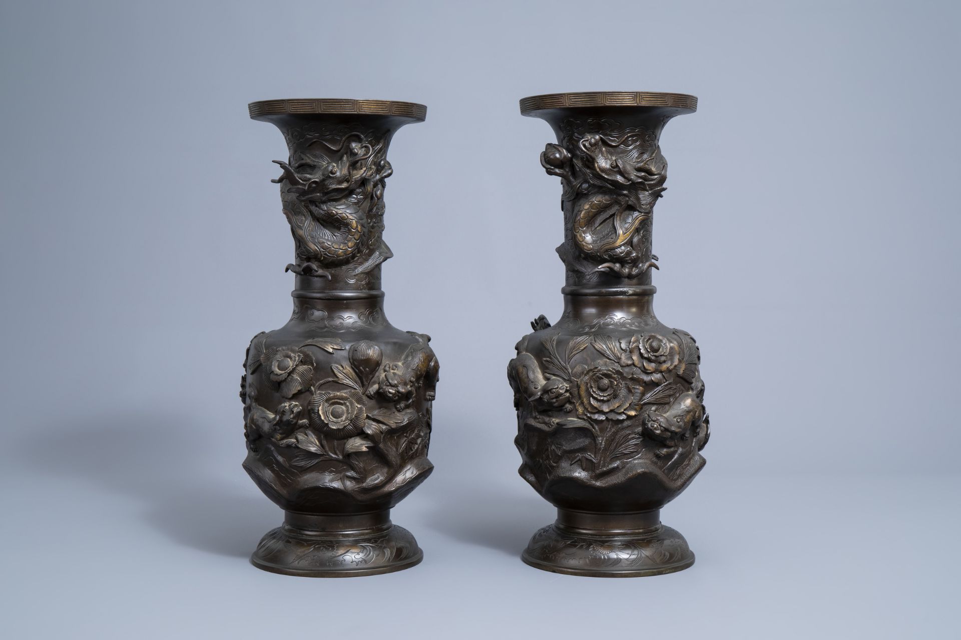 A pair of impressive Japanese partly gilt bronze vases with Gagneau mounts, Meiji, 19th C. - Image 10 of 40