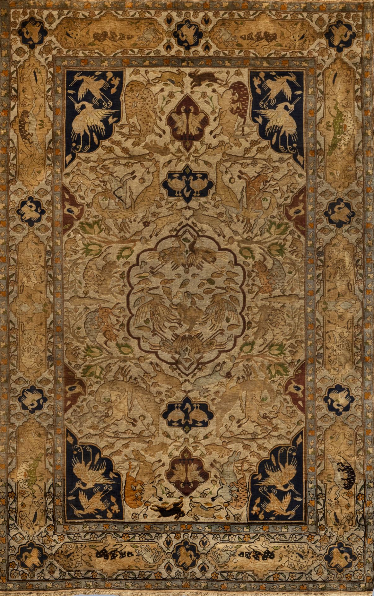 A lavish Oriental rug with animals and floral design, silk and gold thread on cotton, 19th C. - Image 2 of 4
