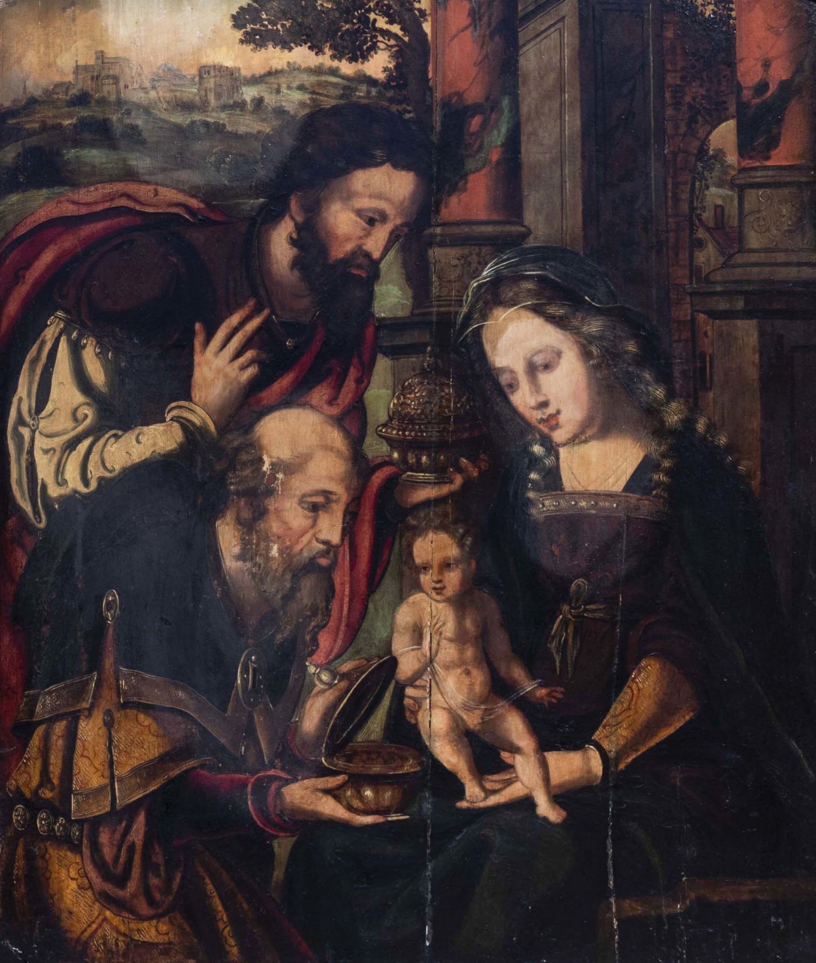 Flemish school: Adoration of the magi, oil on panel, 16th C.