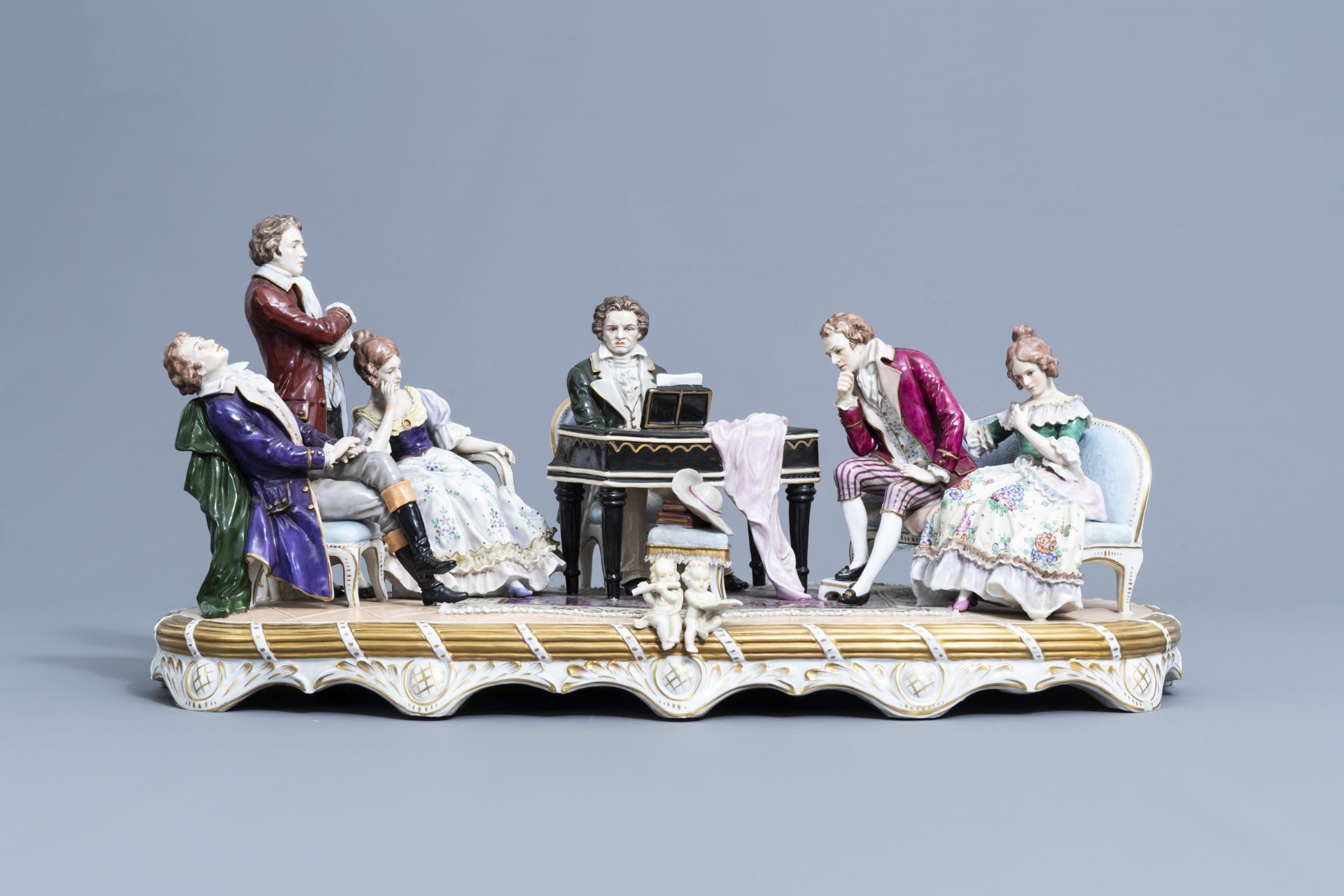 A group with a piano concerto in polychrome decorated Saxon porcelain, Sitzendorf mark, 20th C. - Image 4 of 14