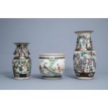 Two Chinese Nanking crackle glazed famille rose vases and a jardiniere with birds, 19th/20th C.