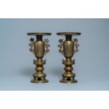 A pair of Japanese gold, silver and copper inlaid bronze usubata vases, Meiji, 19th C.